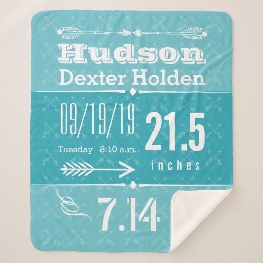 誕生レコード男の赤ちゃん誕生統計ティール(緑がかった色)青 シェルパブランケット (正面)