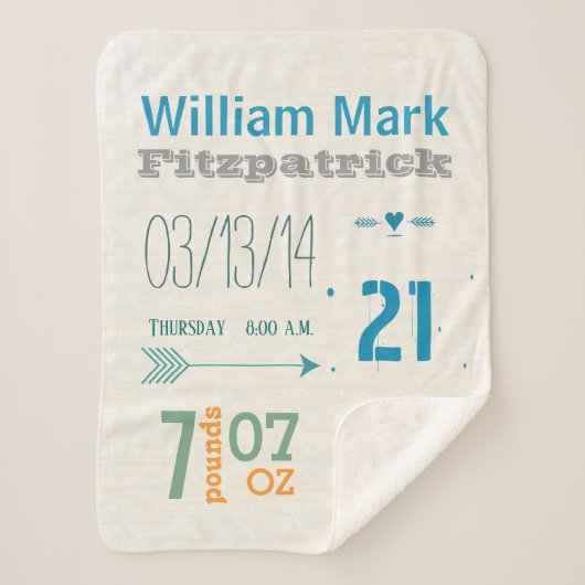 誕生レコード男の赤ちゃん誕生統計ブルーグリーンコーラル シェルパブランケット (正面)