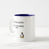 誕生以来のギーク。 1994.以来のLinuxのユーザー ツートーンマグカップ (正面左)