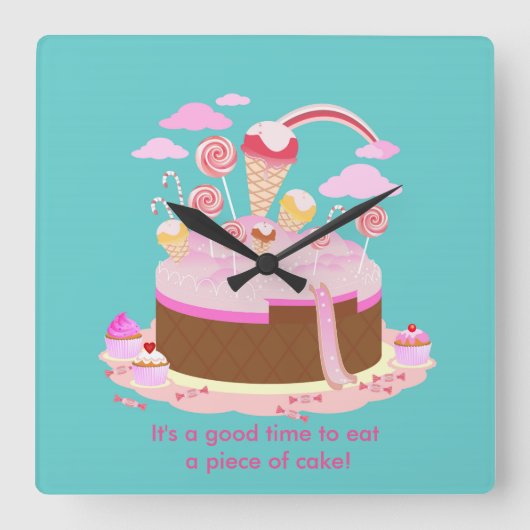 誕生会のためのキャンデーおよびチョコレートケーキ スクエア壁時計 (正面)
