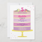 誕生会のケーキのピンクの招待年齢3 4 5 6 7 招待状 (正面)