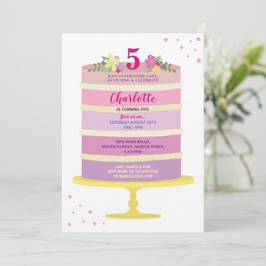 誕生会のケーキのピンクの招待年齢3 4 5 6 7 招待状 (スタンド正面)