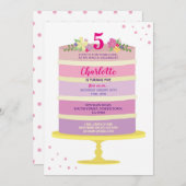 誕生会のケーキのピンクの招待年齢3 4 5 6 7 招待状 (正面/裏面)