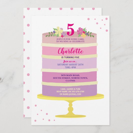 誕生会のケーキのピンクの招待年齢3 4 5 6 7 招待状 (正面/裏面)