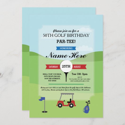 誕生会のゴルフ年齢のゴルフをする招待状 招待状 (正面/裏面)