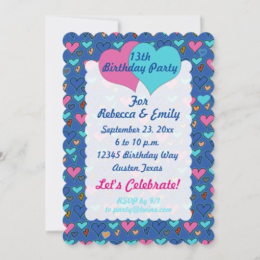 誕生会のハートの10代のな双生児のカスタムの招待状 招待状 (裏面)