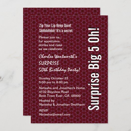 誕生会のバーガンディの第50星を驚かして下さい 招待状 (正面/裏面)