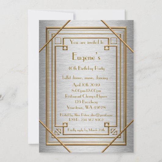 誕生会の人、金ゴールドのGatsbyのスタイル、銀 招待状 (正面)
