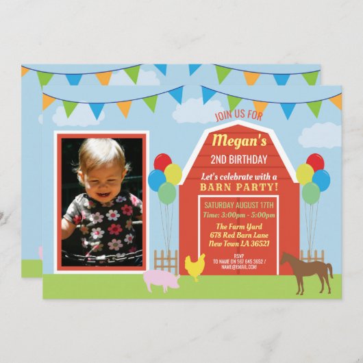 誕生会の写真の招待の納屋ヤードの農場のパーティー 招待状 (正面/裏面)