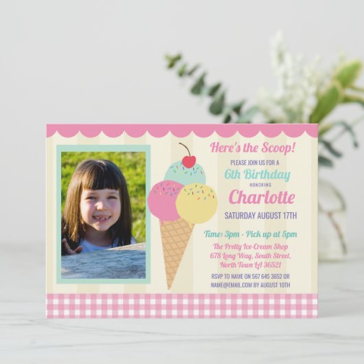 誕生会の招待のアイスクリームの写真のピンクパーラー 招待状 (スタンド正面)