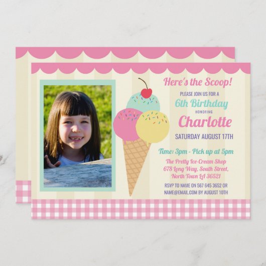 誕生会の招待のアイスクリームの写真のピンクパーラー 招待状 (正面/裏面)