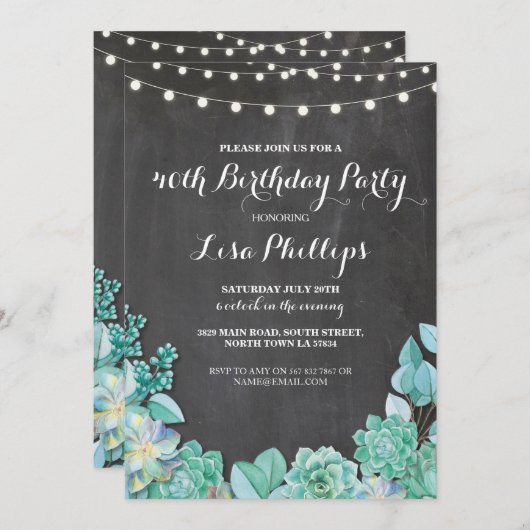 誕生会の第40チョークのSucculentsは30 60を誘います 招待状 (正面/裏面)