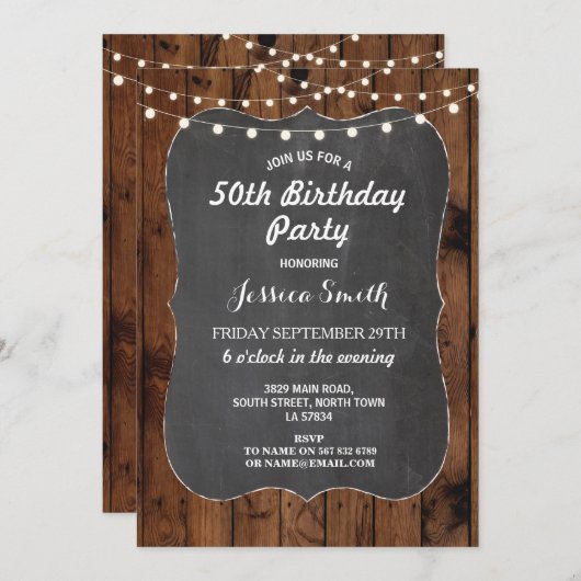 誕生会の素朴なライト木製のチョークの招待 招待状 (正面/裏面)