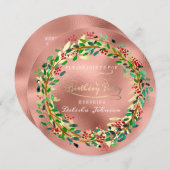 誕生会の花模様の森林緑バラの金ゴールド 招待状 (正面/裏面)