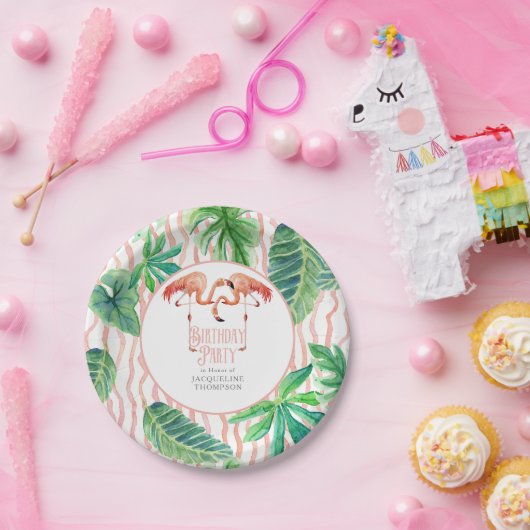 誕生会の装飾の葉のピンクのフラミンゴの水彩画 ペーパープレート (パーティー)