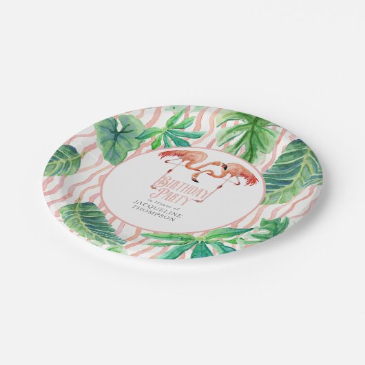 誕生会の装飾の葉のピンクのフラミンゴの水彩画 ペーパープレート (アングル)