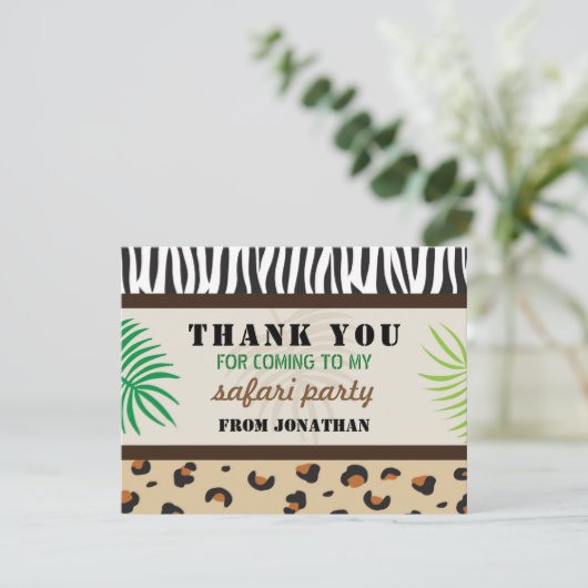 誕生会はアニマルプリントのサファリの動物園感謝していしています サンキューカード (スタンド正面)