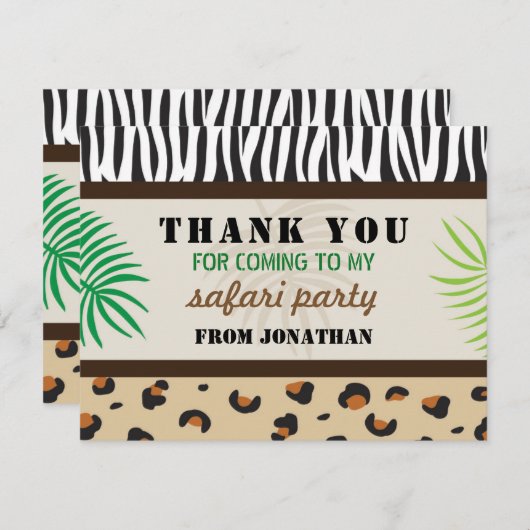 誕生会はアニマルプリントのサファリの動物園感謝していしています サンキューカード (正面/裏面)