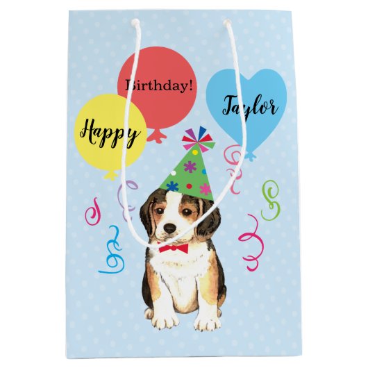誕生会はビーグル犬を風船のようにふくらませます ミディアムペーパーバッグ (正面)