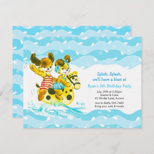 誕生会を泳いでいるSplishのしぶきのヴィンテージ犬 招待状 (正面/裏面)