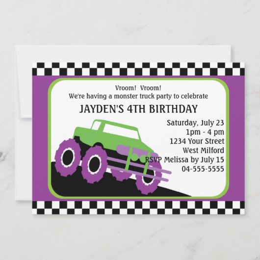 誕生会を競争させる子供のモンスタートラック 招待状 (正面)