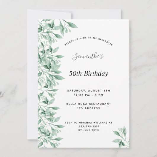 誕生会グリーンホワイトボタニカルフローラ モダン 招待状 (正面)