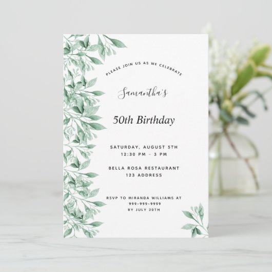 誕生会グリーンホワイトボタニカルフローラ モダン 招待状 (スタンド正面)
