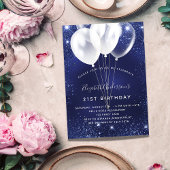 誕生会ネイビーブルー白グリッター風船 招待状