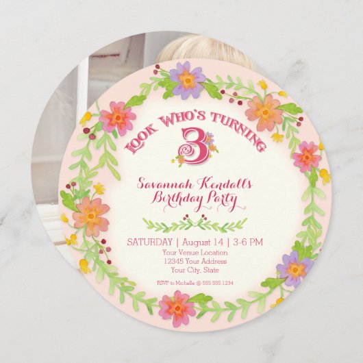 誕生会女の子3歳の、水彩画の花柄 招待状 (正面/裏面)