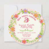 誕生会女の子3歳の、水彩画の花柄 招待状 (正面)