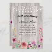 誕生会第40の第50素朴な木製の花の招待 招待状 (正面/裏面)