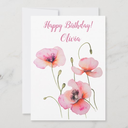 誕生威厳があるフラワーピンクポピー水彩フローラ シーズンカード (正面)