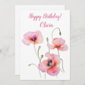 誕生威厳があるフラワーピンクポピー水彩フローラ シーズンカード (正面/裏面)