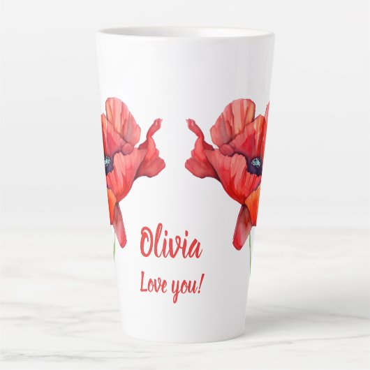 誕生威厳がある花赤ポピー水彩 カフェラテマグ (正面)