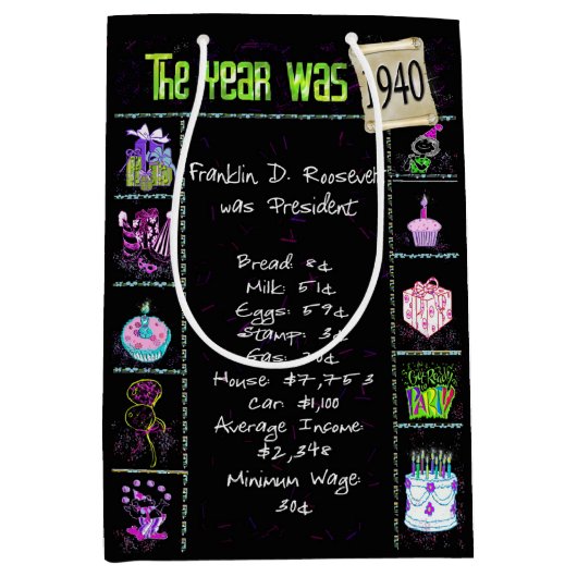 誕生年1940年おもしろいトリビアオンブラック ミディアムペーパーバッグ (正面)