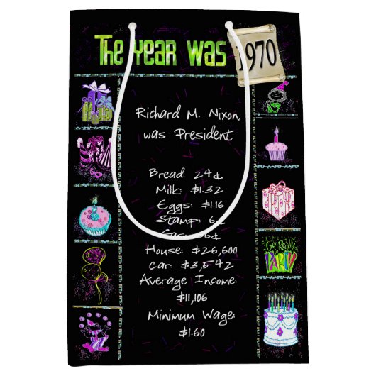 誕生年1970年おもしろいトリビアオンブラック ミディアムペーパーバッグ (正面)