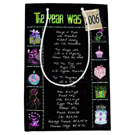 誕生年2006おもしろいトリビアオンブラック ミディアムペーパーバッグ (正面)