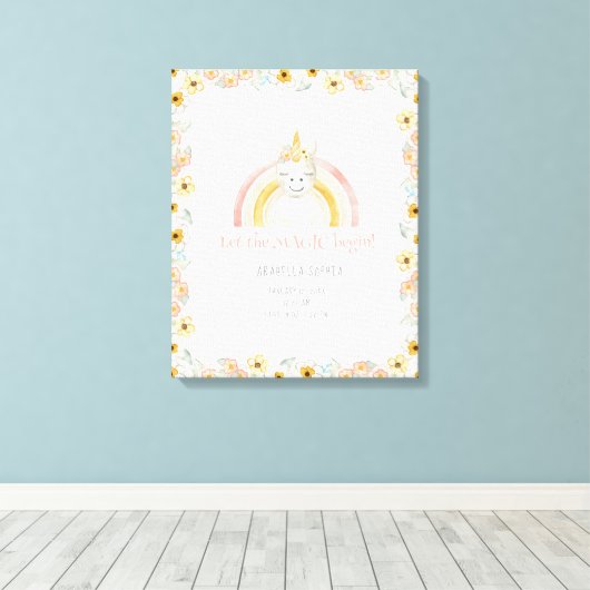 誕生情報のマジカルユニコーン赤ちゃん女の子の水彩画アート キャンバスプリント (インサイチュ (ウッドフロア))