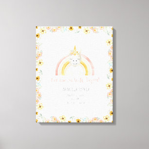 誕生情報マジカルユニコーン赤ちゃん女の子水彩画アート キャンバスプリント