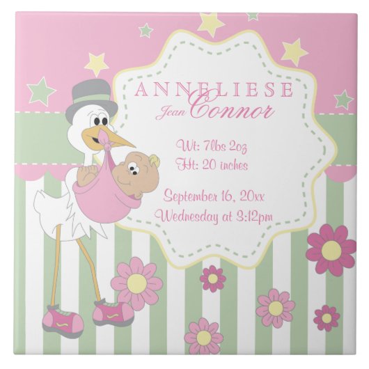 誕生情報-ピンクの女の赤ちゃんのこうのとり タイル (正面)