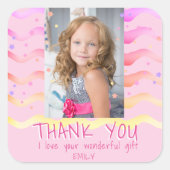 誕生日ありがとうキッズフォトステッカーピンクの女の子 スクエアシール (正面)