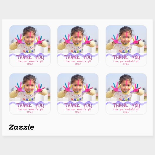 誕生日ありがとうキッズフォトステッカーピンクの女の子 スクエアシール (シート)