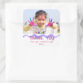誕生日ありがとうキッズフォトステッカーピンクの女の子 スクエアシール (バッグ)