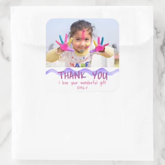 誕生日ありがとうキッズフォトステッカーピンクの女の子 スクエアシール (バッグ)