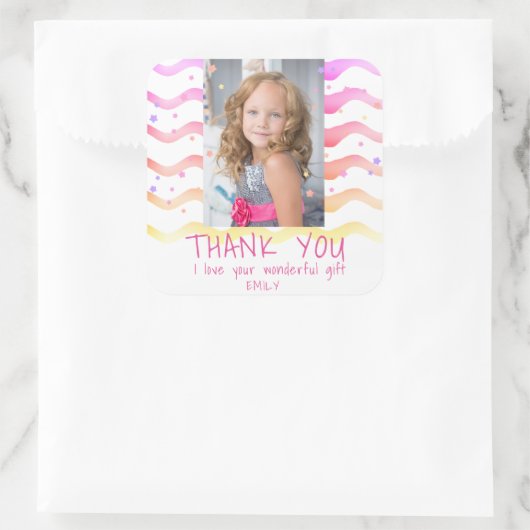 誕生日ありがとうキッズフォトステッカーピンクの女の子 スクエアシール (バッグ)