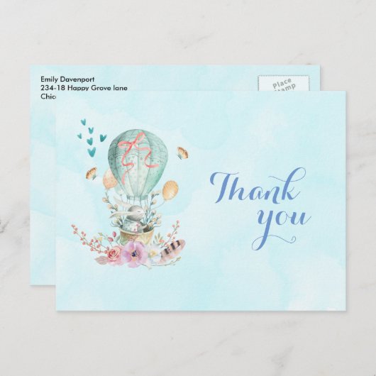 誕生日ありがとうバニーが気球に乗って ポストカード (正面/裏面)