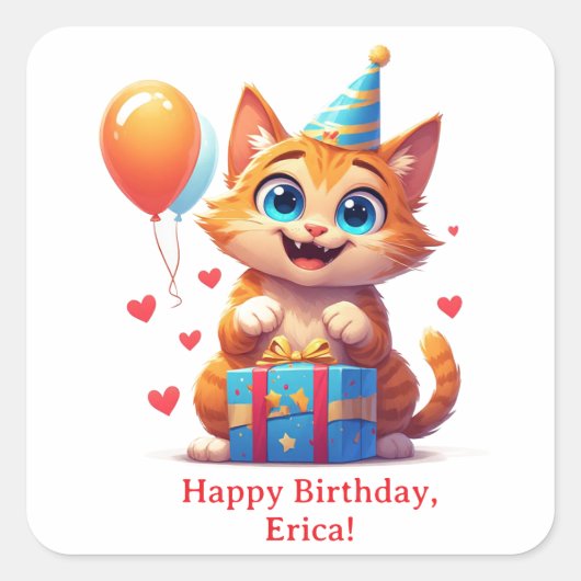 誕生日おめでとうパーティーハットの子猫 🐱 スクエアシール (正面)