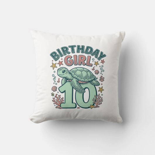 誕生日おめでとう10歳 ウミガメ ビンテージ風の彫刻デザイン クッション (正面)