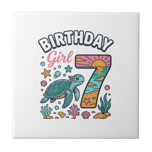 誕生日おめでとう ウミガメ 7歳の誕生日ベクター デザイン タイル (正面)