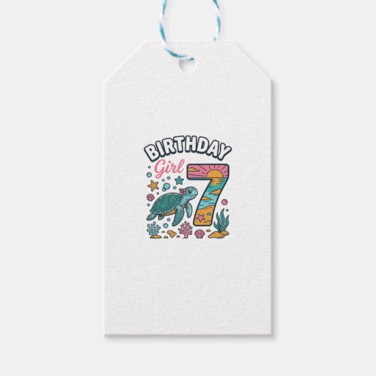 誕生日おめでとう ウミガメ 7歳の誕生日 ベクター デザイン ギフトタグ (正面)